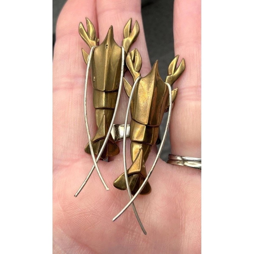 Unique Mixed Metal Modernist Vintage Lobster Brass Tone Figural Pierced Earrings
